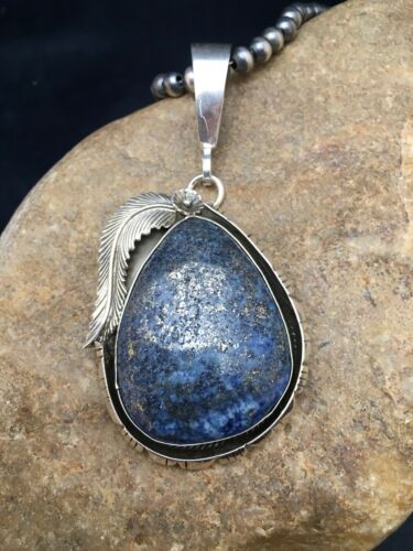 Men's Yazzie Navajo Pearls Lapis Necklace Pendant | Sterling Silver | Authentic Native American Handmade | 1004