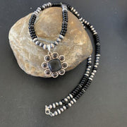Navajo Pearl Necklace Pendant | Authentic Native American Sterling Silver Black Onyx | Multi-Stone | 22" | 12270