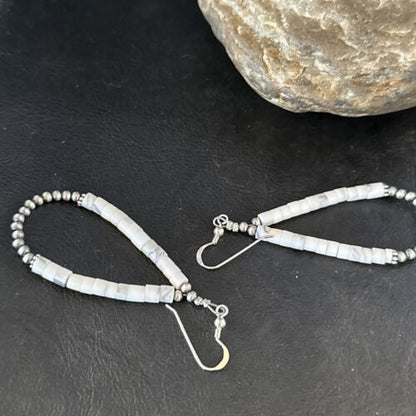 Navajo White Howlite Heishi Dangle Earrings | Sterling Silver | 2" | Authentic Native American Handmade | 14480