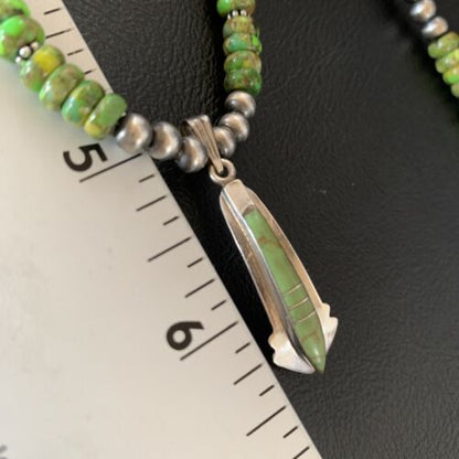 Navajo Green Gaspeite Turquoise Inlay Pendant | Sterling Silver | Authentic Native American Handmade | 13268