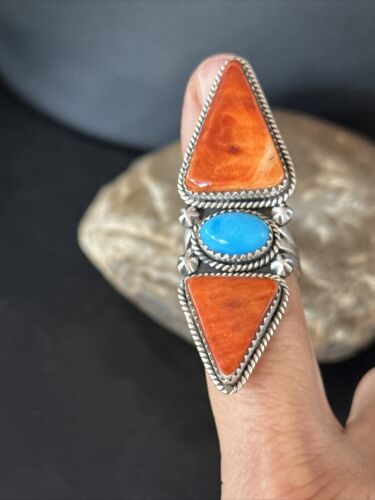 Navajo Orange Spiny Oyster Multi-Stone Ring | Authentic Native American Sterling Silver | Multi-Stone | Sz 6.5 | 14505