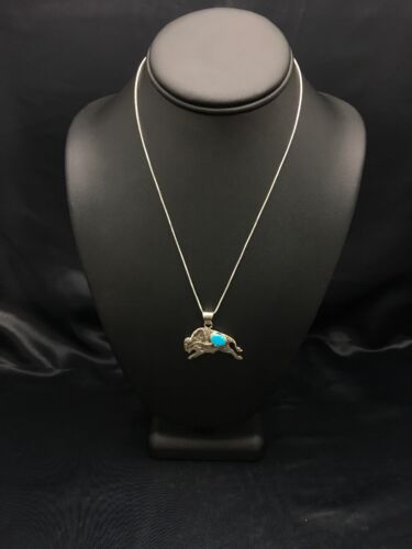 Navajo Buffalo Turquoise Pendant 1.25" | Sterling Silver | Native American Handmade | 20" | 3024