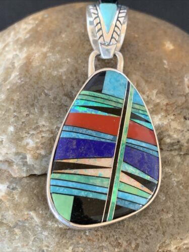 Navajo Multi-Color Turquoise Coral Opal Inlay Pendant | Sterling Silver | Native American Handmade | 12492 - Masha USA