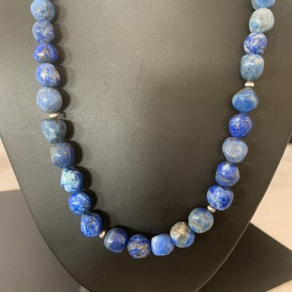 Navajo | Sterling Silver | Handmade Blue Denim Lapis Bead Necklace Pendant | Authentic Native American | 20" | 02206