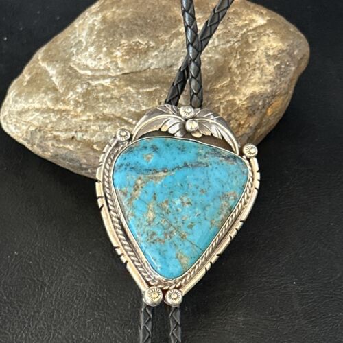 Navajo Blue Kingman Turquoise Bolo Tie | Sterling Silver | Authentic Native American Handmade | 14254