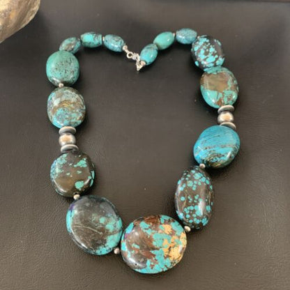 Chunky Navajo Pearl Graduated Turquoise Necklace | Sterling Silver | Authentic Native American Jewelry | 21" | 11903 - Masha USA