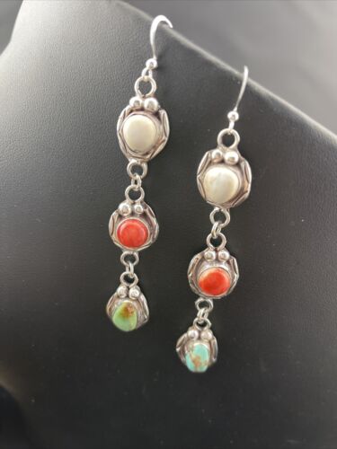 Navajo Spiny, Turquoise & Howlite Dangle Earrings | Sterling Silver | Authentic Native American Handmade | 1634