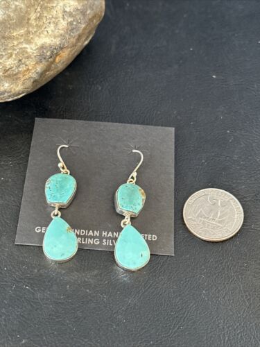 Kingman Turquoise Dangle Earrings | Navajo Handmade | Sterling Silver | Authentic Native American | 14579