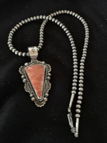Navajo Red Spiny Oyster Pendant with Sterling Silver Pearls Necklace | Authentic Native American Handmade | 01657