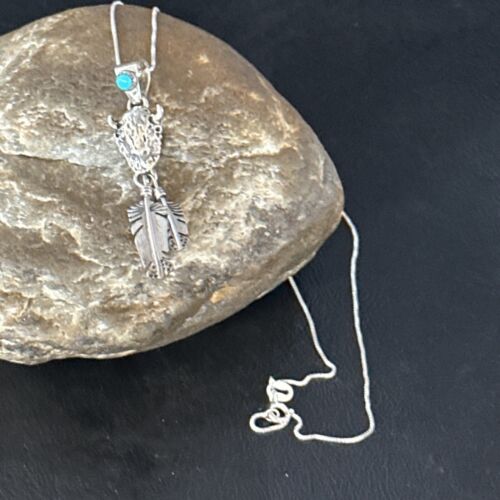 Navajo Buffalo Turquoise Pendant | Sterling Silver | Authentic Native American Handmade | 18" | 14686