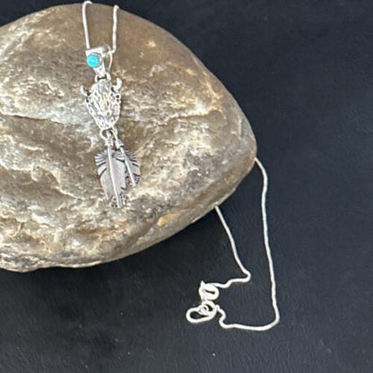 Navajo Buffalo Turquoise Pendant | Sterling Silver | Authentic Native American Handmade | 18" | 14686