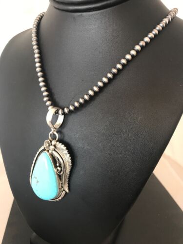 Kingman Turquoise Pendant | Navajo Pearls Sterling Silver Necklace | Authentic Native American Handmade | 8573