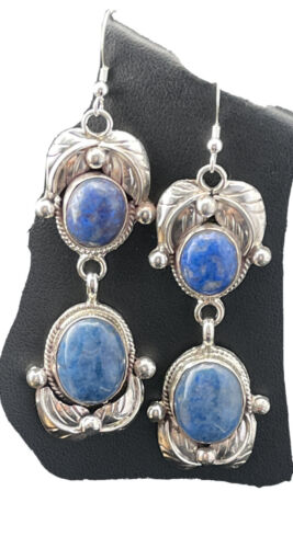 Southwestern Navajo Denim Lapis Dangle Earrings | Sterling Silver | 2" | 01796