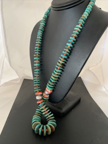 Navajo Necklace | Green Turquoise & Spiny Oyster | Sterling Silver | Authentic Native American | 28" Graduated | 1088