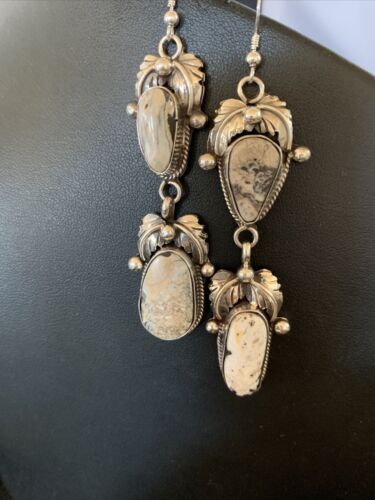 Navajo White Buffalo Turquoise Dangle Earrings | Sterling Silver | 2.5" | Authentic Native American Handmade | 12154