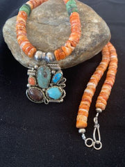 Navajo Green Turquoise and Spiny Bead Pendant Necklace | Sterling Silver | Authentic Native American Handmade | 00575