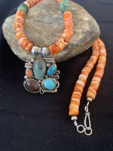 Navajo Green Turquoise and Spiny Bead Pendant Necklace | Sterling Silver | Authentic Native American Handmade | 00575