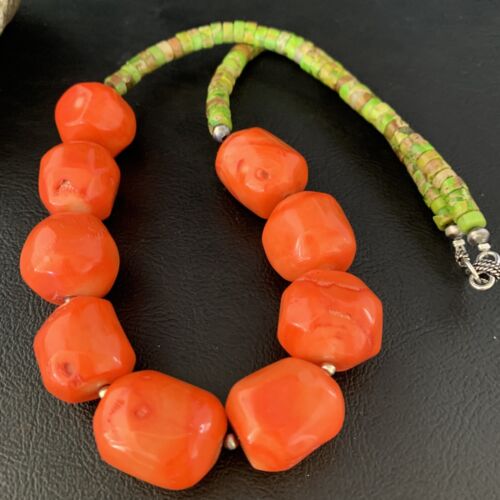 Navajo Green Gaspeite | Coral Pendant Necklace | Sterling Silver | Authentic Native American Handmade | 20" | 13955