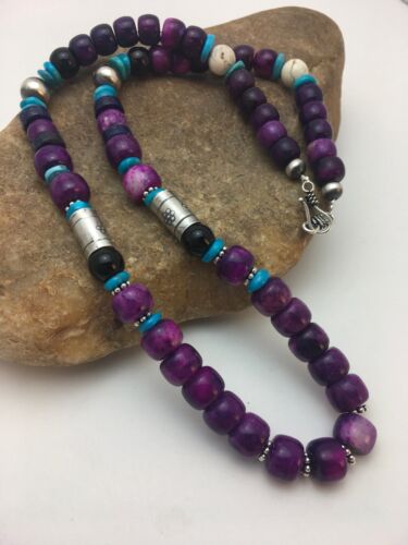 Navajo Purple Sugilite Turquoise Bead Necklace | Sterling Silver | Authentic Native American Handmade | 22" | 8913