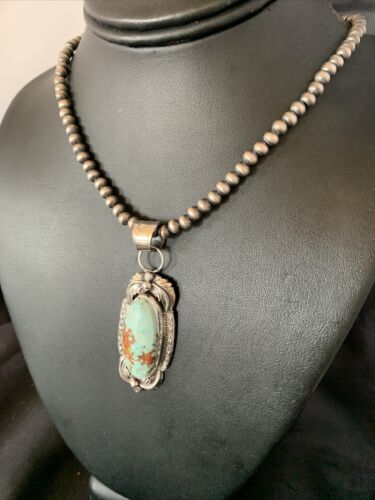 Men's Navajo Blue Dry Creek Turquoise Pendant | Sterling Silver Pearl Necklace | Native American Handmade | 12971