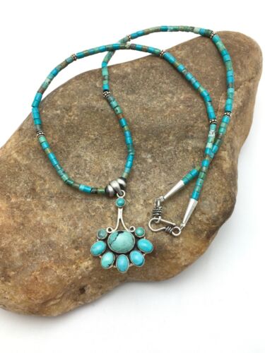 Navajo Turquoise Cluster Pendant Necklace | Sterling Silver | 20" | Authentic Native American Handmade | 4079