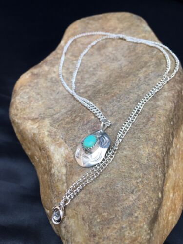 Navajo Turquoise Pendant Necklace | Sterling Silver | Authentic Native American Handmade | 19" Chain| 8955
