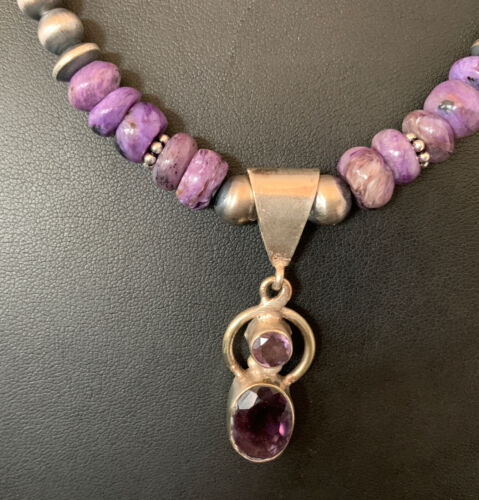 Navajo Purple Charoite and Amethyst Pendant Necklace | Authentic Native American Sterling Silver | Multi-Stone | 22" | 13412