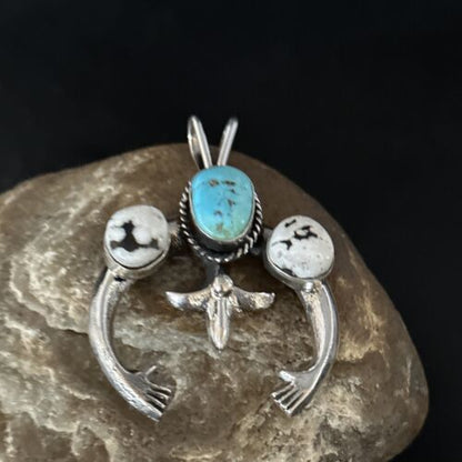 Navajo Blue Kingman Turquoise White Buffalo Naja Pendant | Sterling Silver | Authentic Native American Handmade | 14668