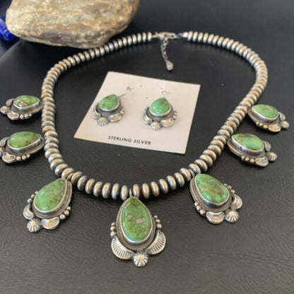 Navajo Sterling Silver Choker Necklace with Sonoran Gold Turquoise Earrings | Authentic Native American Handmade | 11536