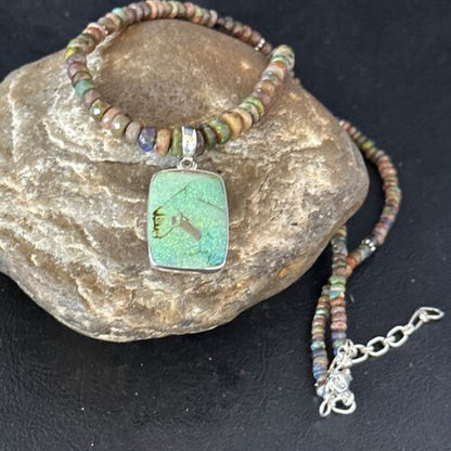 Southwestern Women's Green Opal Pendant Necklace | Sterling Silver | 17" | 14423
