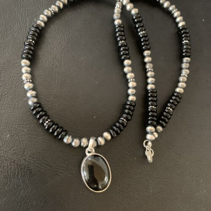 Native American Men's Navajo Pearl Necklace Pendant | Sterling Silver Black Onyx | 11905