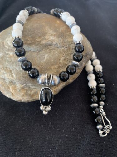 Navajo Black Onyx & White Buffalo Pendant Necklace | Sterling Silver | Authentic Native American Handmade | 01099