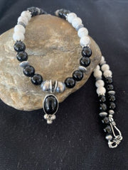 Navajo Black Onyx & White Buffalo Pendant Necklace | Sterling Silver | Authentic Native American Handmade | 01099