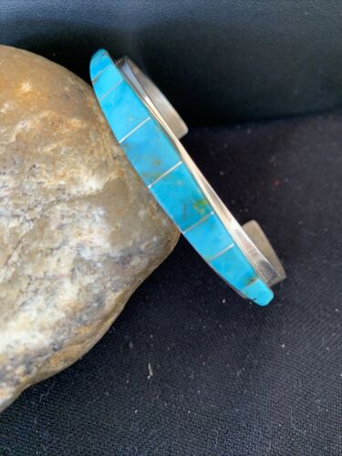 Native American Navajo Blue Turquoise Inlay Bracelet | Sterling Silver | Authentic Handmade | 00986