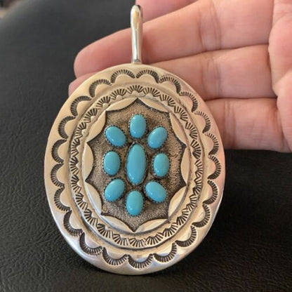 Navajo Blue Turquoise Cluster Pendant | Sterling Silver | 3" | Authentic Native American Handmade | 2105