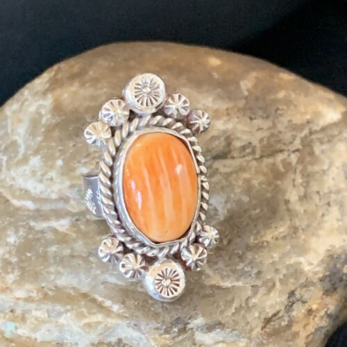 Navajo Orange Spiny Oyster Ring | Sterling Silver | Sz 7 | Authentic Native American Handmade | 13355