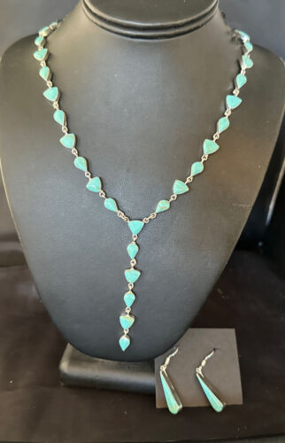 Navajo Kingman Turquoise Lariat Necklace & Earrings Set | Sterling Silver | 24" Necklace | Authentic Native American Handmade | 14646
