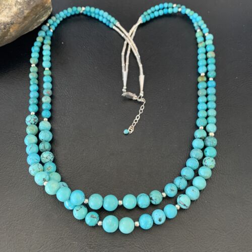 Navajo Blue Turquoise Bead Necklace | Sterling Silver | 25" | Authentic Native American Handmade | 11665 - Masha USA