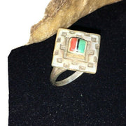 Navajo Women's Turquoise, Coral & Onyx Inlay Ring | Sterling Silver | Sz 5.5 | Authentic Native American Handmade | 01797