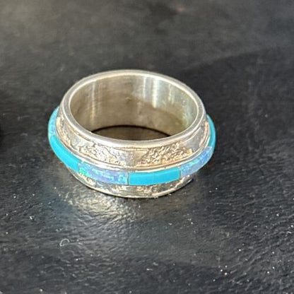 Navajo Blue Turquoise Opal Inlay Eternity Band Ring | Sterling Silver | Sz 6.5 | 14543