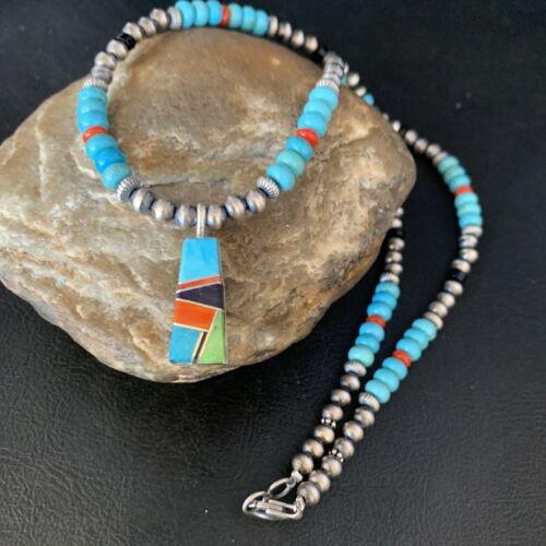 Navajo Blue Turquoise Coral Pendant Necklace | Sterling Silver Inlay | Authentic Native American Handmade | 13839