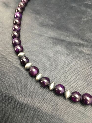 Navajo | Purple Sugilite | Round Bead Necklace | Sterling Silver | Authentic Native American Handmade | 22" | 8110