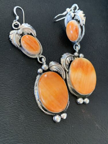Navajo Orange Spiny Oyster Dangle Earrings | Sterling Silver | Authentic Native American Handmade | 12200 - Masha USA