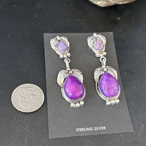 Navajo Purple Sugilite Dangle Earrings | Sterling Silver | 2" | Authentic Native American Handmade | 14404