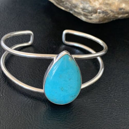 Minimalist Women's Blue Kingman Turquoise Cuff Wire Bracelet | Sterling Silver | 12867