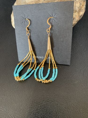 Navajo Blue Turquoise Dangle Heishi Earrings | Liquid Gold Filled Tubes | 2" | 13032