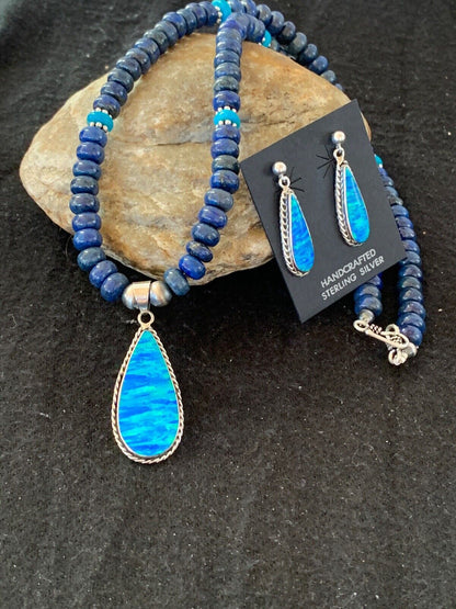 Navajo Opal Pendant with Lapis & Turquoise Necklace and Earrings Set | Sterling Silver | Authentic Native American Handmade | 4328