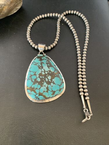 Men's Navajo Pearl Necklace with Blue Spiderweb Turquoise Pendant | Sterling Silver | 10532