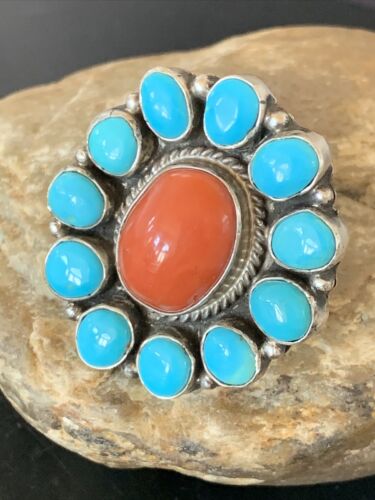 Navajo Blue Turquoise Coral Cluster Ring | Authentic Native American Sterling Silver | Multi-Stone | Sz 9.5 | 11507