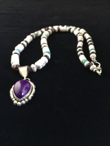 Men's Navajo Purple Sugilite Turquoise Bead Necklace | Sterling Silver | 22" | Authentic Native American Handmade | 10031
